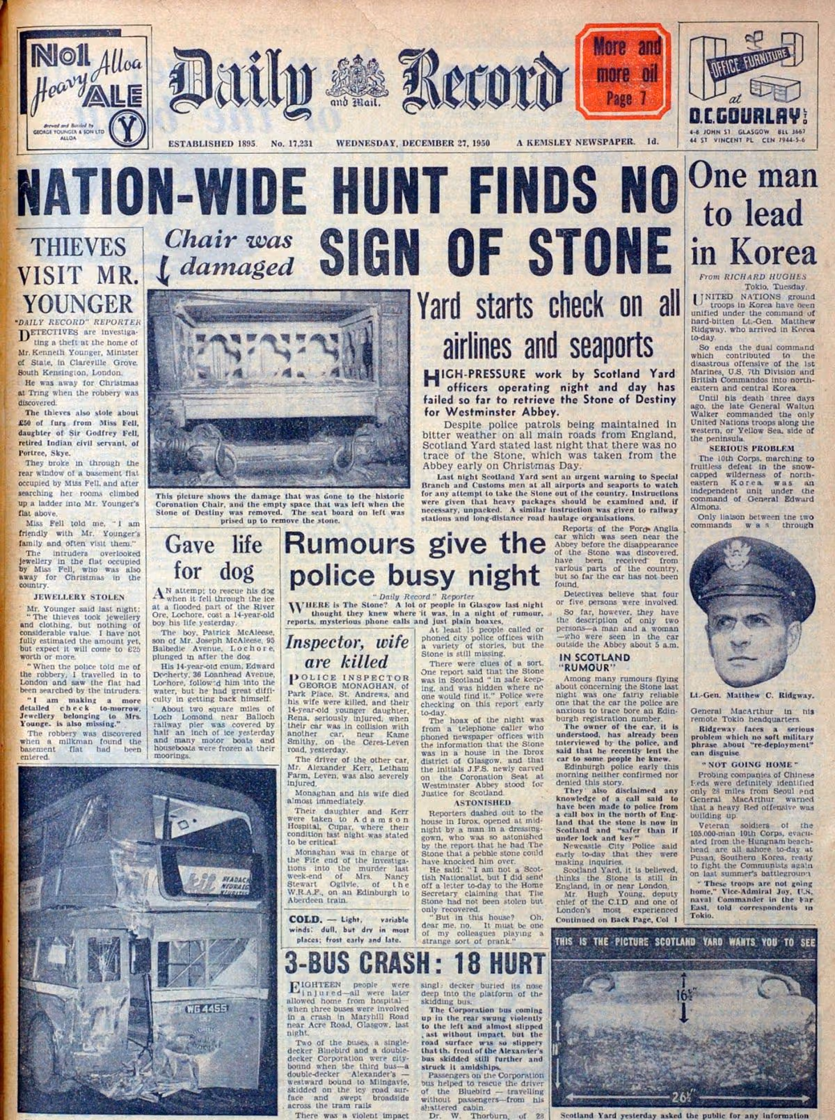 Daily Record front page, December 1950 — Nation-wide hunt finds no sign of Stone