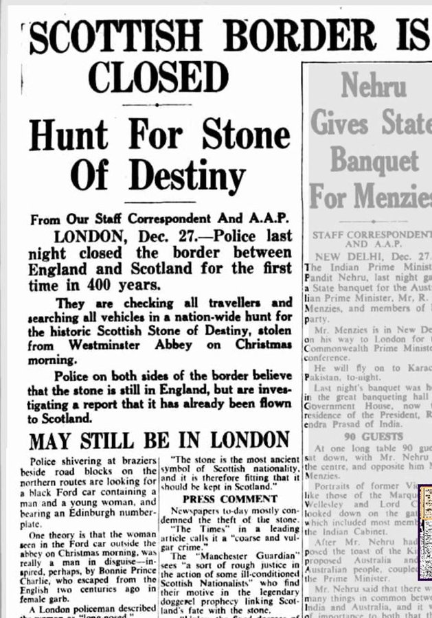 Newspaper report — Scottish border closed in the hunt for the Stone of Destiny